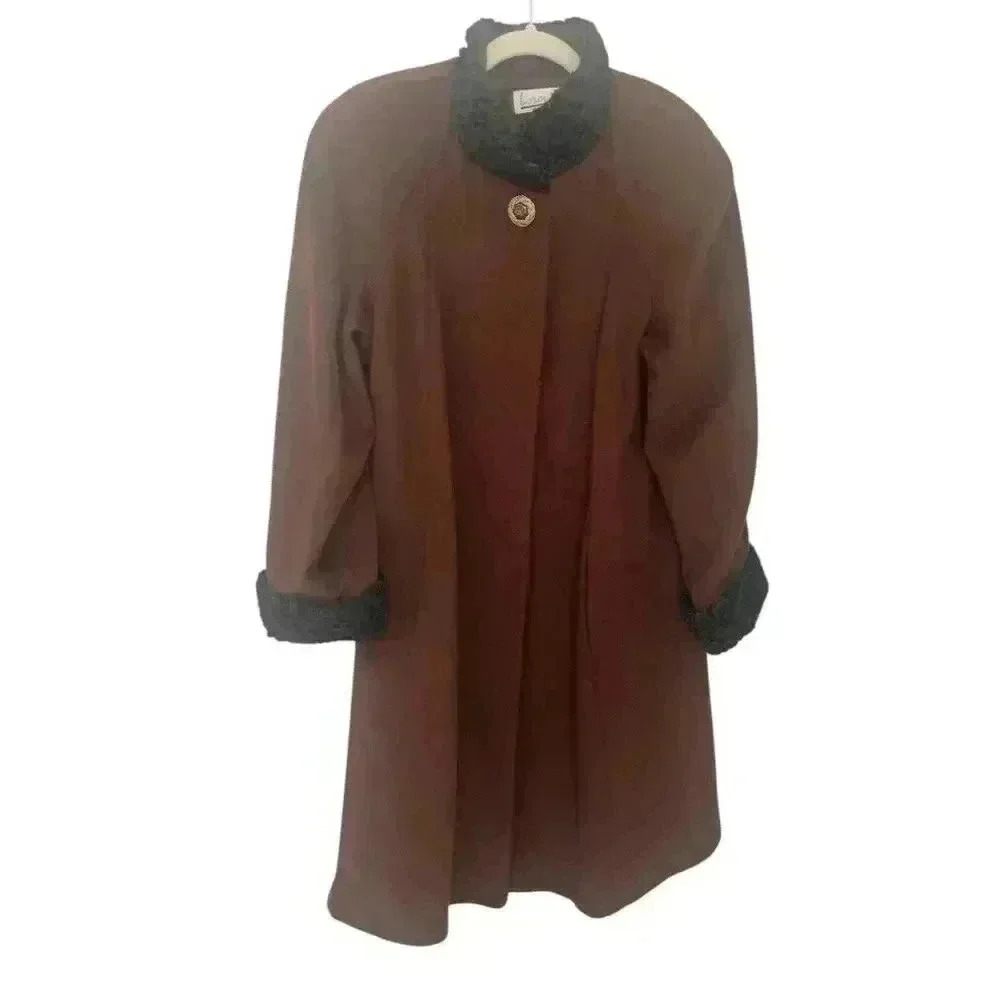 Vintage 80s Lorovi Brown Black Wool Blend Lined Swing Coat Size 6